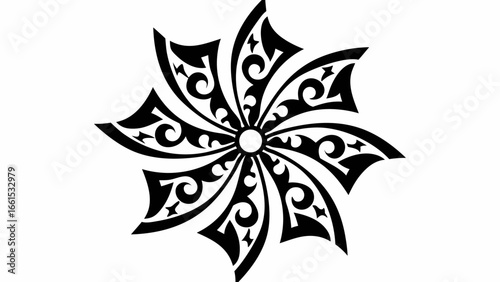 Stylized black and white floral design with swirling patterns radiating from a central circle shape silhouette