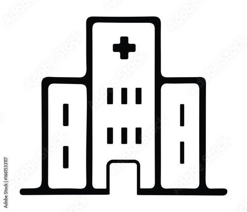 A simple line drawing of a hospital building with a cross on top silhouette