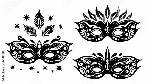 Three decorative venetian masks with intricate designs and feather accents in black and white illustration silhouette