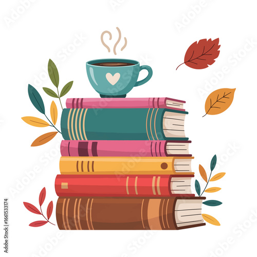 A cozy autumn scene with a stack of colorful books, a steaming cup of tea, and falling autumn leaves and berries vector illustration