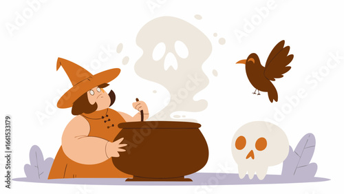 Cartoon witch stirring a cauldron with a ghost emerging, accompanied by a bird and a skull illustration silhouette
