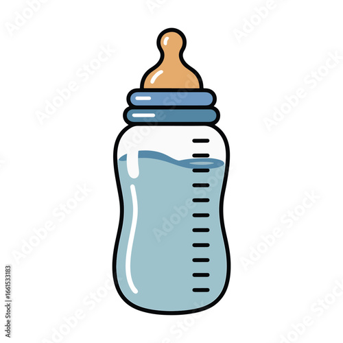 A baby's feeding bottle with a measurement scale, filled with milk or water. A concept of newborn care and nutrition vector illustration