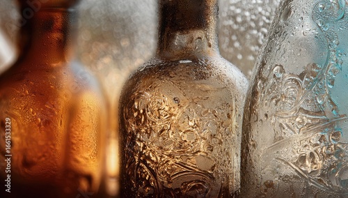 Close-up of antique bottles, amber and frosted glass, etched designs