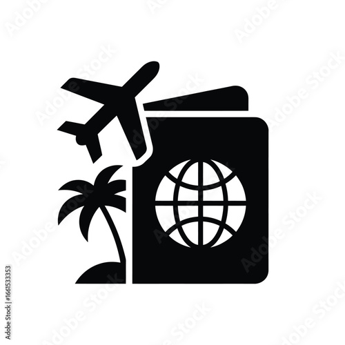 Conceptual icon for global travel. Features airplane, international passport with world globe, and tropical palm tree. Represents vacation adventures and worldwide journeys.