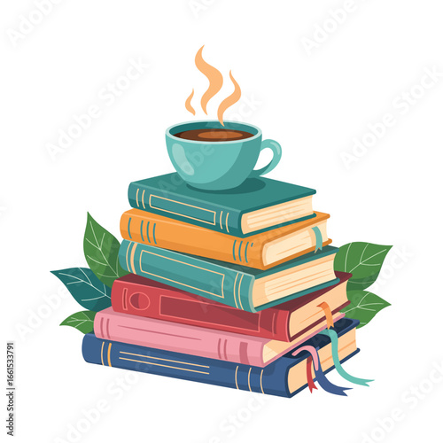 A stack of colorful books with a steaming cup of coffee or tea on top, surrounded by green leaves. A cozy reading concept vector illustration
