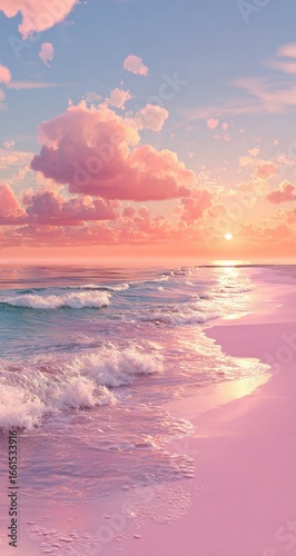 Pastel pink beach sunset scene.  Soft pink clouds and a warm sunset over a tranquil beach with gentle waves.  The entire scene is bathed in a dreamy, rosy hue