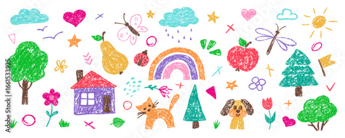 Crayon chalk kindergarten element set by hand drawn for children design. Cute kid color pencil dog, cat, flower, heart, star, cloud and house. Childish summer vector illustration for sticker, icon.