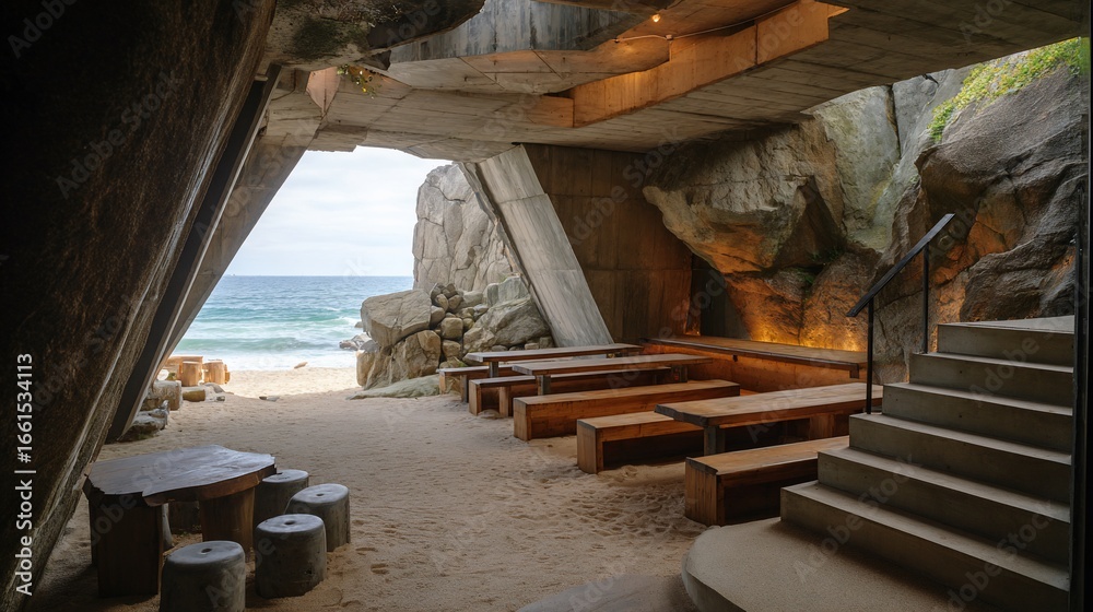 Obraz premium Cave-like seating area with beach view; stairs to right, concrete and sand