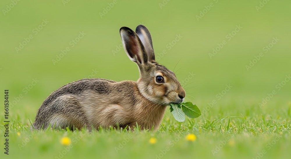 Fototapeta premium Alert European Hare Munching on Green Leaf in a Lush Meadow Setting