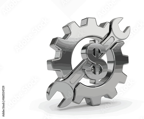Gear and wrench with dollar sign symbol representing industry, repair, business finance, and economic mechanism
