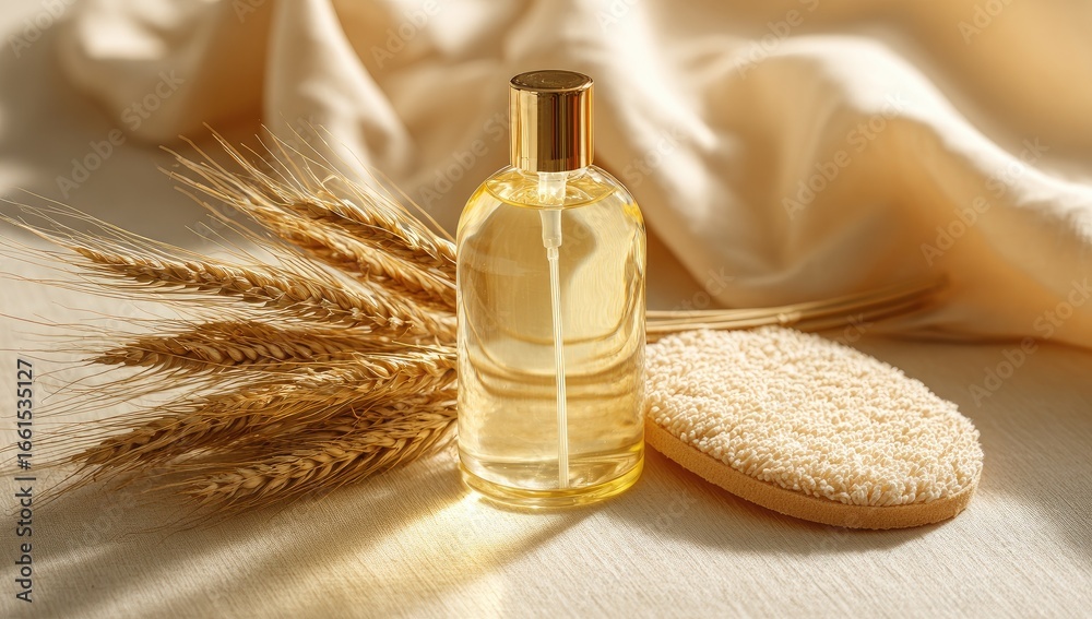 Fototapeta premium Golden spray bottle, wheat stalks, and bath loofah
