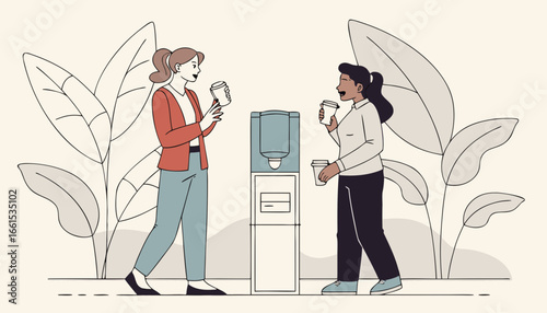 Two office coworkers talking and drinking near a water cooler, flat graphic style, indoor office background with plants, concept of casual workplace interaction. Vector illustration     