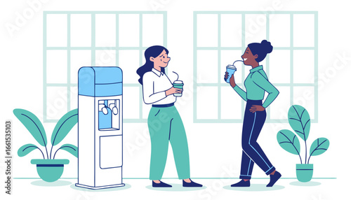 Two office coworkers talking and drinking near a water cooler, flat graphic style, indoor office background with plants, concept of casual workplace interaction. Vector illustration     