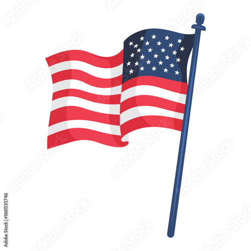 The national flag of the United States of America, with stars and stripes, waving on a flagpole. A patriotic symbol vector illustration