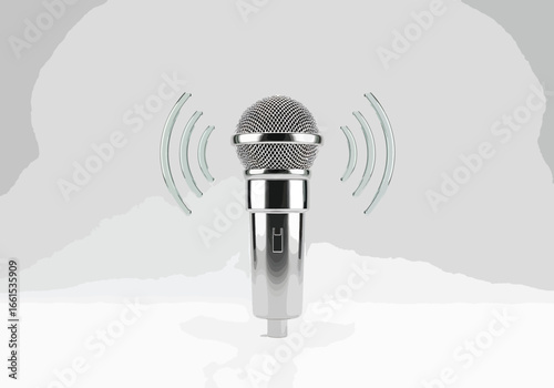 Microphone with sound waves representing audio recording broadcasting music and live performance