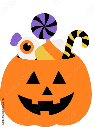 Cute Halloween Pumpkin Candy Bucket with Sweets Vector Illustration.
Jack O’ Lantern Trick or Treat Bucket Filled with Candies Flat Design.
Transparent background.