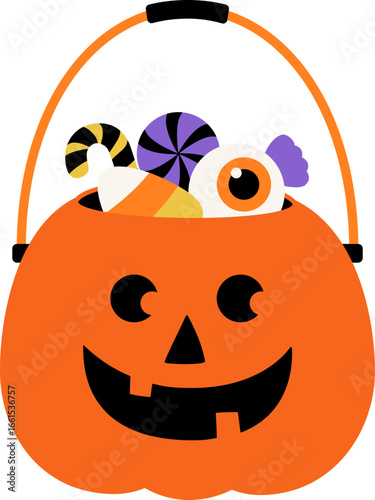 Cute Halloween Pumpkin Candy Bucket with Sweets Vector Illustration.
Jack O’ Lantern Trick or Treat Bucket Filled with Candies Flat Design.
Transparent background.
