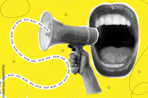 Trendy halftone collage online announcement,hand holding megaphone and shouting mouth in retro halftone style, cut out elements for trendy collage design,announcement for new job