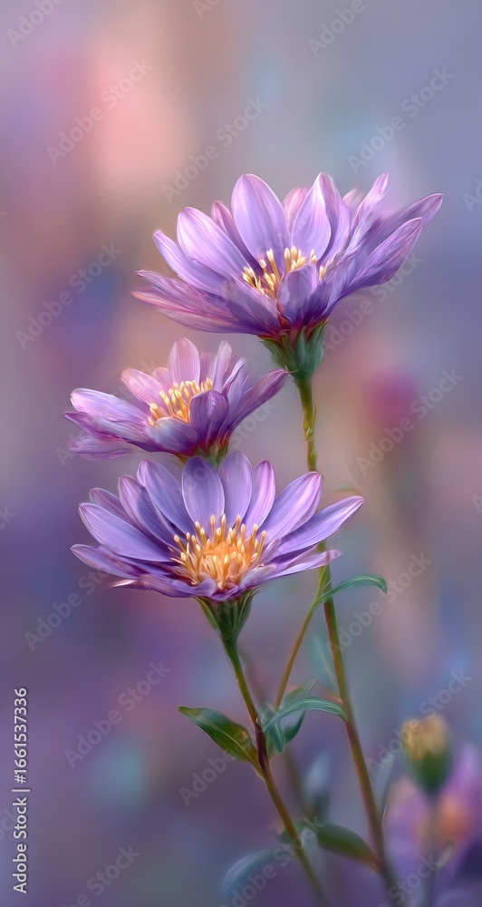 Obraz premium Delicate purple daisy blossoms in soft focus