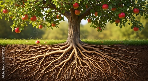 Apple tree with ripe red fruit and exposed root system in a grassy field