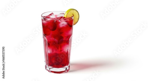 Vibrant Iced Cherry Cocktail with a Zesty Lime Garnish in a Tall Glass on White