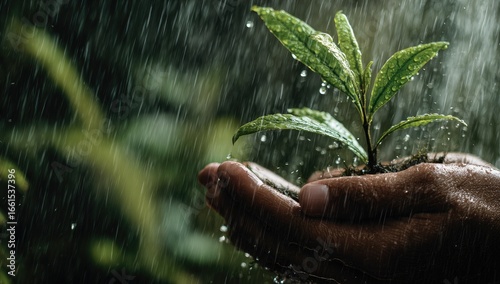 Young sprout in hands, rain shower