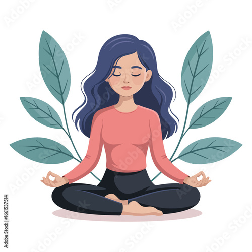 A calm young woman with closed eyes and blue hair, meditating in the lotus yoga pose, surrounded by lush green leaves vector illustration