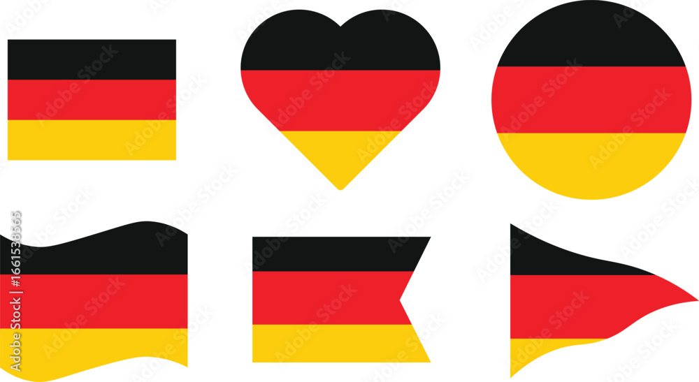Naklejka premium Germany flag. Set of German flags isolated. Round, heart, map, waving, square, circle, etc. Germany flag set in square, circle, waving flag and heart shape icons. German flags collection 
