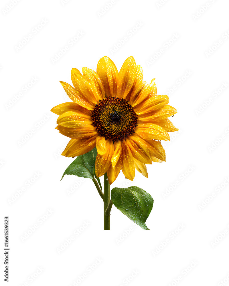 Obraz premium A vibrant sunflower adorned with sparkling water droplets on its petals