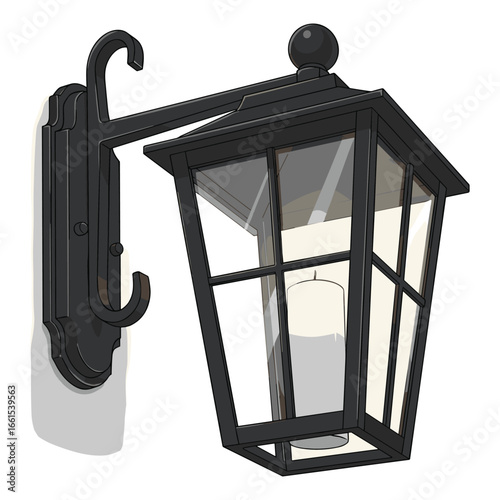 Elegant black vintage style lantern with a light bulb illuminating in the darkness