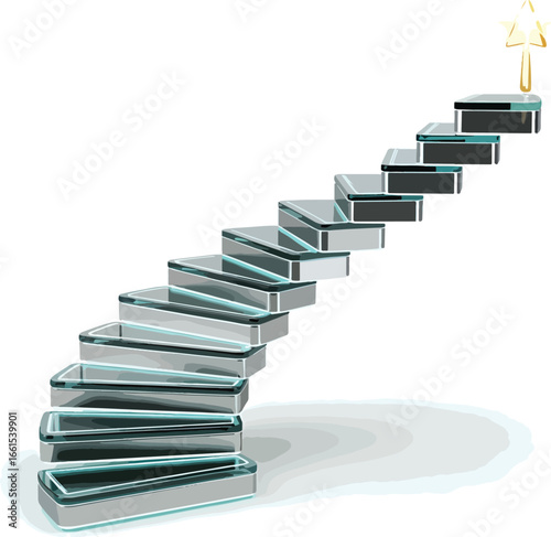 Glass staircase steps leading upward with golden star success achievement progress and business growth