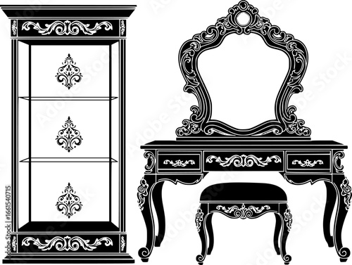 sketched silhouettes, Glass case, and dressing table set. Elegant furniture with richly ornamented. Baroque Luxury style furniture. Vector
