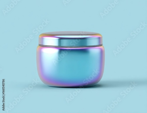 Irridescent, rounded cosmetic jar on light-blue background