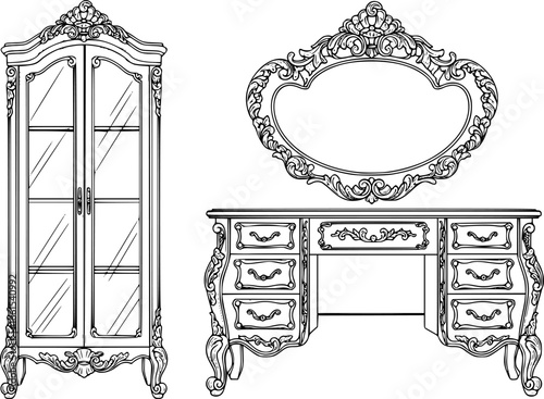 sketched silhouettes, Glass case, and dressing table set. Elegant furniture with richly ornamented. Baroque Luxury style furniture. Vector