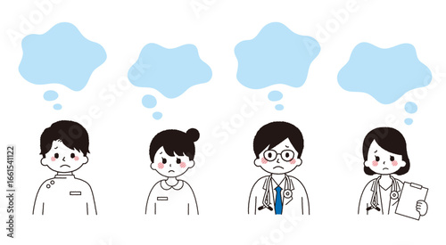 吹き出しと悩む医者と看護師のベクターイラスト素材。医療従事者のネガティブな表情。