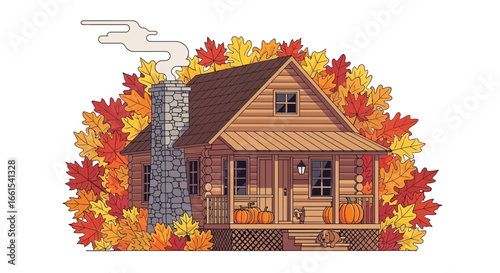 Cozy wooden cabin house adorned with autumn leaves and pumpkins, with smoke from the chimney, ideal for fall season themes.