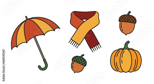 Colorful autumn season icon set with umbrella, cozy scarf, pumpkin, and acorns.