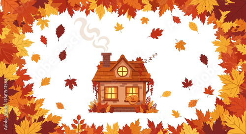 Cozy house illustration with chimney smoke, surrounded by a lush autumn leaf border, with a sleeping cat.