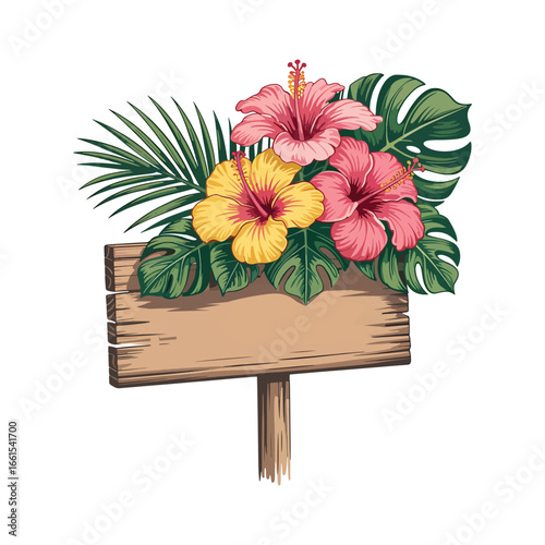 An empty wooden signpost or signboard decorated with beautiful tropical leaves and colorful hibiscus flowers vector illustration