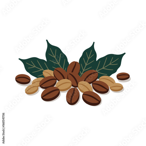 A pile of freshly roasted brown coffee beans with green leaves from the coffee plant. A symbol of caffeine and energy vector illustration