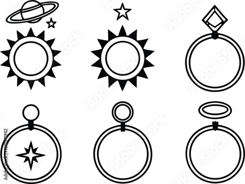 celestial, jewelry, collection, space, theme, accessory, astronomy, beautiful, elegant, simple, outline, design, icon, set, vector