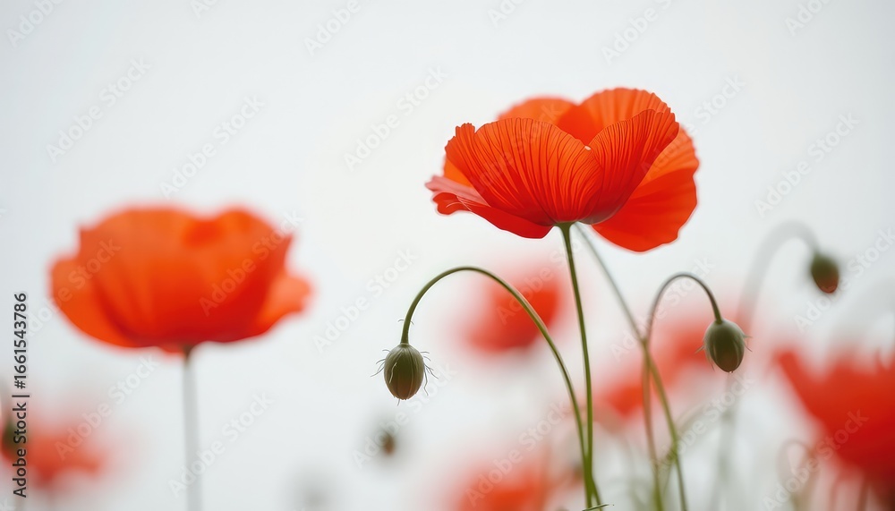 Naklejka premium Scarlet petals unfurl towards the soft light as fresh buds reach upwards in a field of delicate blooms