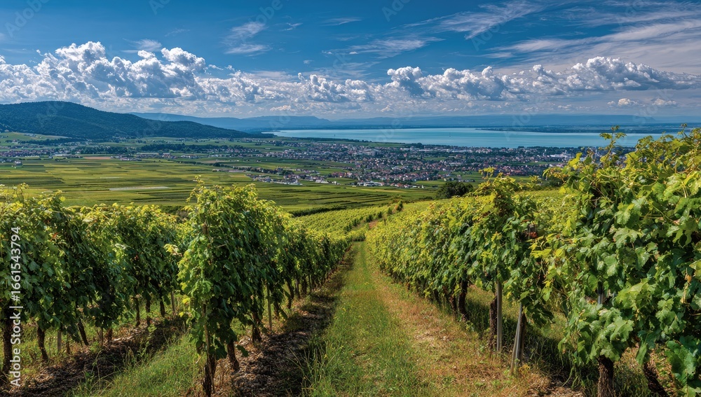 Naklejka premium Vineyard rows descend to a lake vista, with rolling hills and fluffy clouds