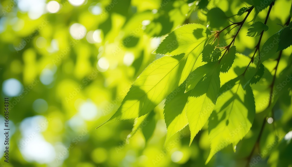 Obraz premium Fresh green leaves of a tree shining in the sunlight create a beautiful and peaceful atmosphere, perfect for the coming spring season