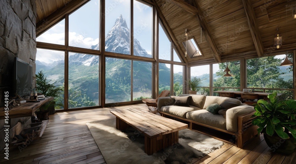 Fototapeta premium Intérieur d'une maison en bois avec une grand salon avec des baies vitrées donnant sur les montagnes, baignée de lumière naturelle créant une atmosphère chaleureuse.