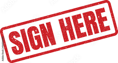 Distressed sign here stamp vector, angled vintage rubber stamp with grunge texture