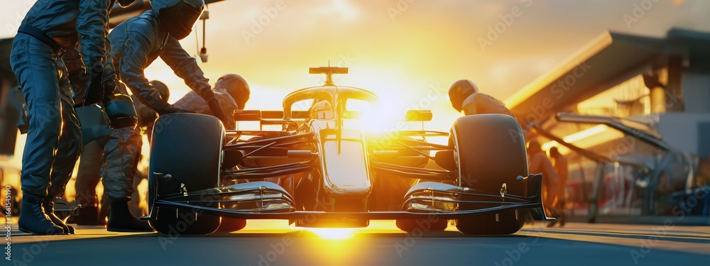 Naklejka premium Une voiture de Formule 1 futuriste lors d'un arrêt au stand avec l'équipe travaillant sur le véhicule, lumière de coucher de soleil, effet de reflet solaire, vue panoramique.