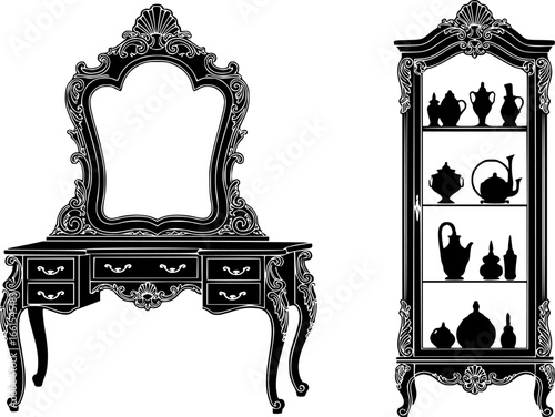 sketched silhouettes, Glass case, and dressing table set. Elegant furniture with richly ornamented. Baroque Luxury style furniture. Vector