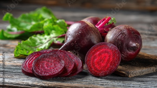 Fresh Red Beetroots with Green Leaves on Rustic Wooden Table Healthy Organic Vegetable Harvest