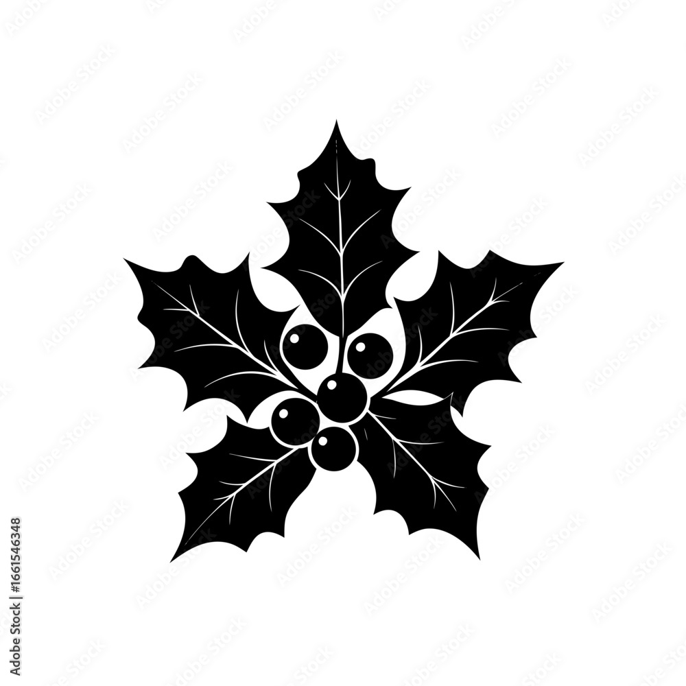 Fototapeta premium black silhouette of a holly leaf and berry cluster